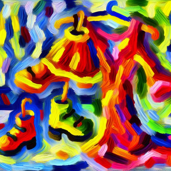 Perfect passende schoenen en jurk - abstracte kunst voor taalonderwijs Abstract schilderij van een perfect passend paar felgekleurde schoenen en een jurk in de expressieve stijl van Karel Appel, met dynamische penseelstreken en levendige kleuren