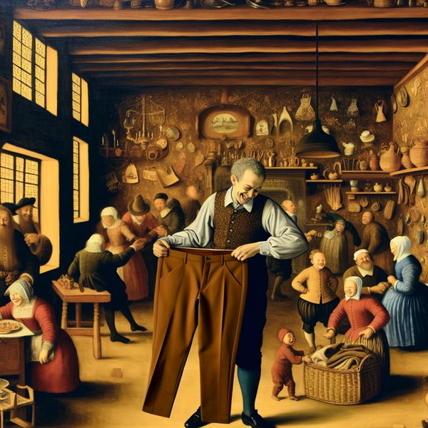 Perfect passende broek in levendig Nederlands huishouden | Taal leren Nederlands Druk Nederlands huishouden in de stijl van Jan Steen waar een persoon een perfect passende broek aanpast zonder openingen of ruimtes