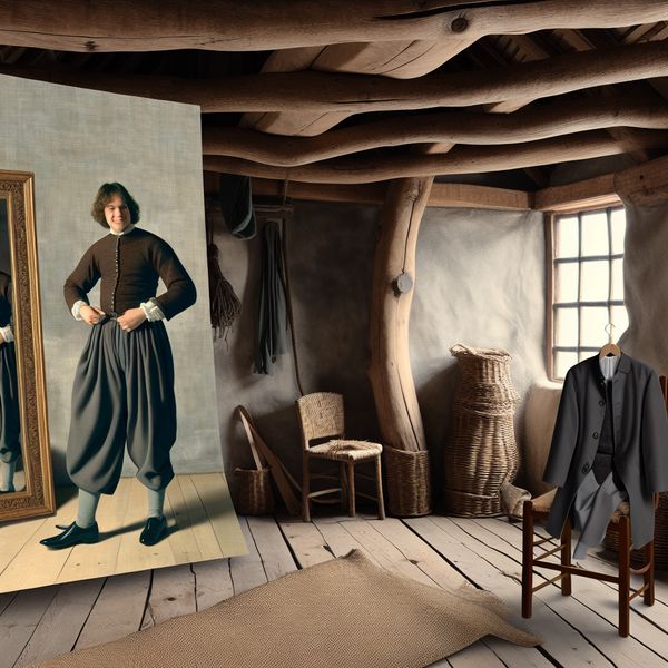 Persoon bewondert perfect passende broek in spiegel met Nederlandse landschapschilderkunst-stijl achtergrond