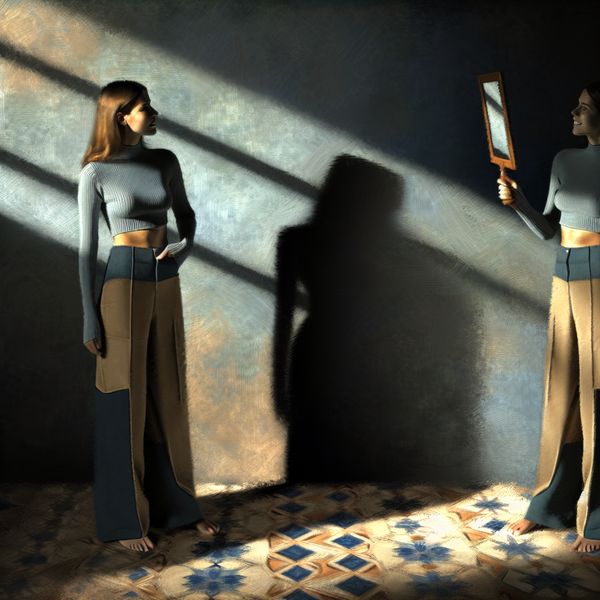 Jonge vrouw in perfect passende broek bekijkt zichzelf in spiegel bij raam in Vermeer-stijl schilderij over kledingmaat en fit