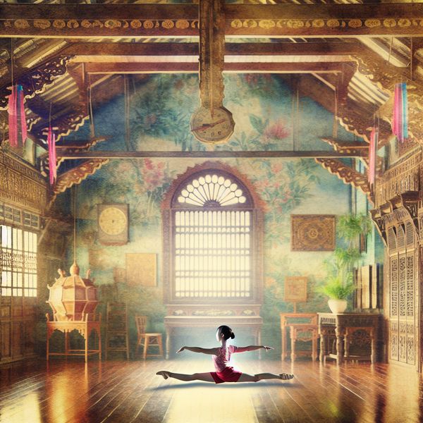 Gracieuze turnster of ballerina in perfecte spagaat op houten vloer in nostalgische gymzaal met sprookjesachtige details