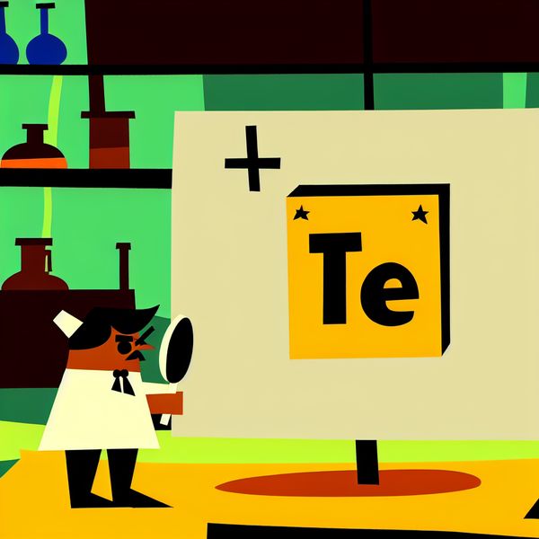 Periodiek systeem element telluur (Te) - scheikunde illustratie voor taal- en wetenschapsleren Minimalistische illustratie van een laboratorium met een vereenvoudigd periodiek systeem, waarbij het element telluur (Te) geel gemarkeerd is en een cartoonwetenschapper ernaar wijst