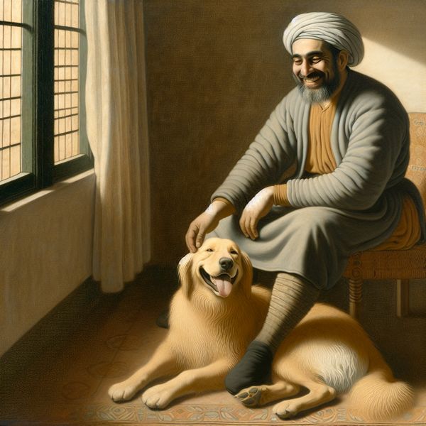 Een middelbare man aait een rustige golden retriever in een sfeervol ingericht interieur, met een warme glimlach.