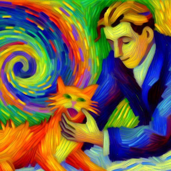 Een persoon aait een kat met een zachte beweging, weergegeven in levendige, abstracte kleuren.