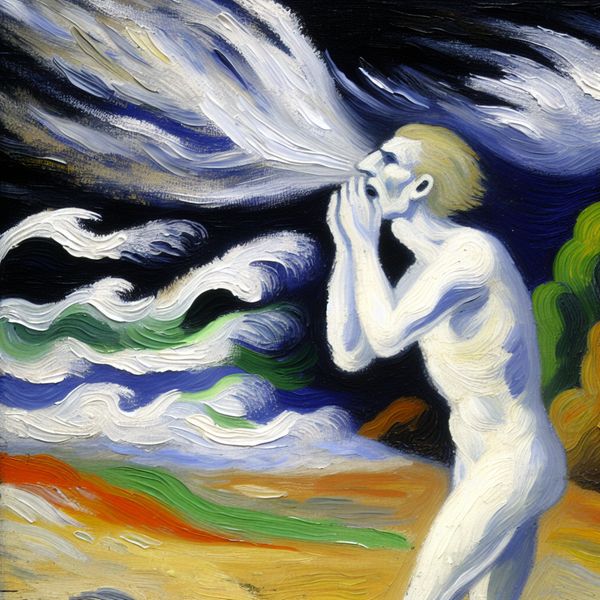 Persoon aan de kust die de geur van de zee ervaart Abstract expressionist schilderij van een persoon die aan de kust staat en de geur van de zee inademt