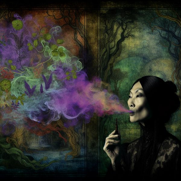 Persoon laat aromatische rook ontsnappen in een mysterieuze en gothic omgeving met donkergekleurde achtergrond.
