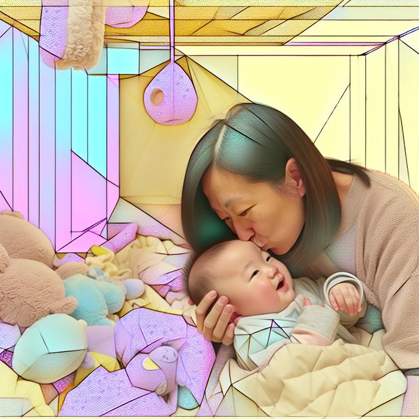 Liefdevolle Kus tussen Oudere en Baby Een persoon kust een baby op het voorhoofd in een warme, gezellige setting.