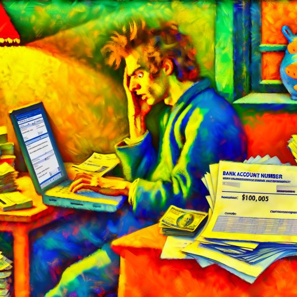 Persoon die rekeningnummer invoert op laptop Persoon type rekeningnummer in laptop met urgentie, omringd door bankafschriften en een warme sfeer.
