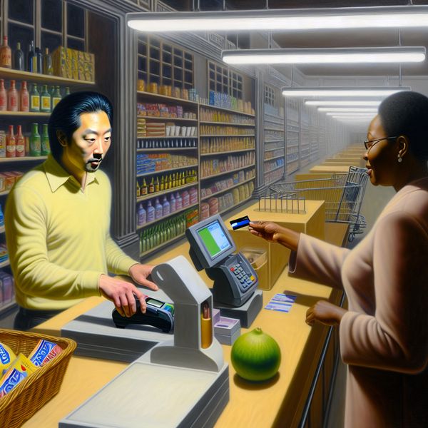 Een persoon die met een pinpas een betaling doet aan de kassa in een moderne supermarkt