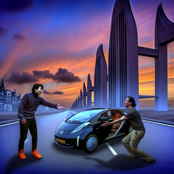 Persoon biedt hulp aan met een lift in futuristische omgeving Een persoon biedt een lift aan een vriend in een surrealistische straat bij schemering, met een futuristische auto op de achtergrond.