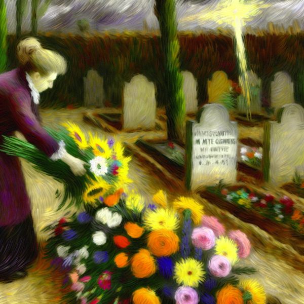 Nabijheidsgebaar bij een graf met kleurrijke bloemen en condoleancekaarten in de wind