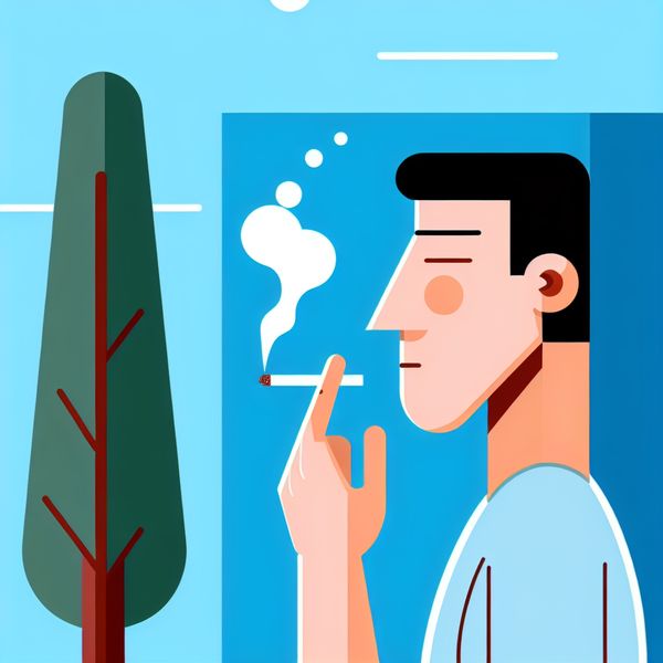 Minimalistische illustratie van een persoon buiten die tijdens een pauze een sigaret rookt onder een heldere blauwe lucht.