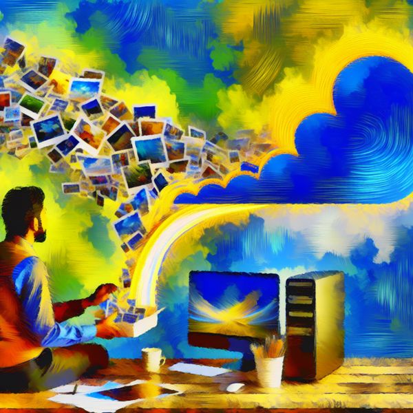 Digitale Gegevens Opslaan en Creativiteit Een persoon zit aan een bureau met een computer, omgeven door draaiende afbeeldingen van foto's en documenten die naar de cloud worden geüpload, met een blauwe lucht op de achtergrond.