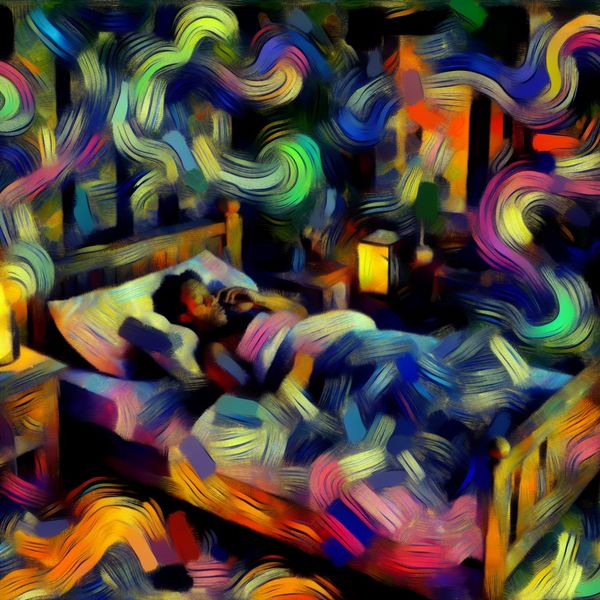 Een persoon die rustig slaapt in een abstracte slaapkamer met kleurrijke, bruisende vormen.