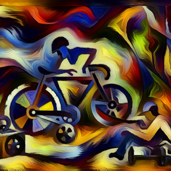 Persoon die aan een fiets werkt in een dynamische omgeving Abstract voorstelling van een persoon die aan een fiets werkt in een chaotische, levendige omgeving, met schroeven en fietsonderdelen rond de fiets verspreid.