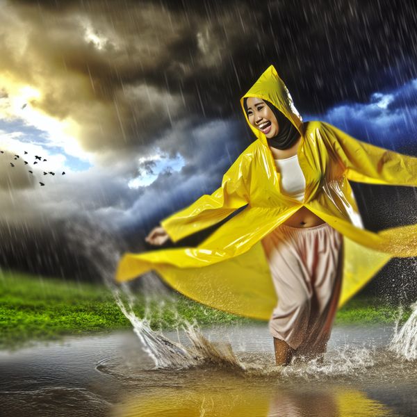 Vrolijke persoon in gele regenjas speelt in de regen Een persoon in een helder gele regenjas spat vrolijk door een plas tijdens een zware regenbui.