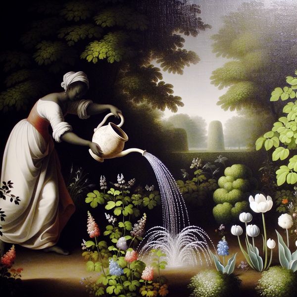 Persoon giet water in bloembed in serene tuin Een persoon giet water uit een decoratieve pot in een bloembed, omringd door kleurrijke bloemen en groen