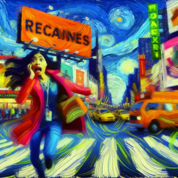 Dringende moment in de stad: Op weg naar het toilet Person in a busy city rushing to a large restroom sign, expressive brushstrokes reminiscent of Van Gogh