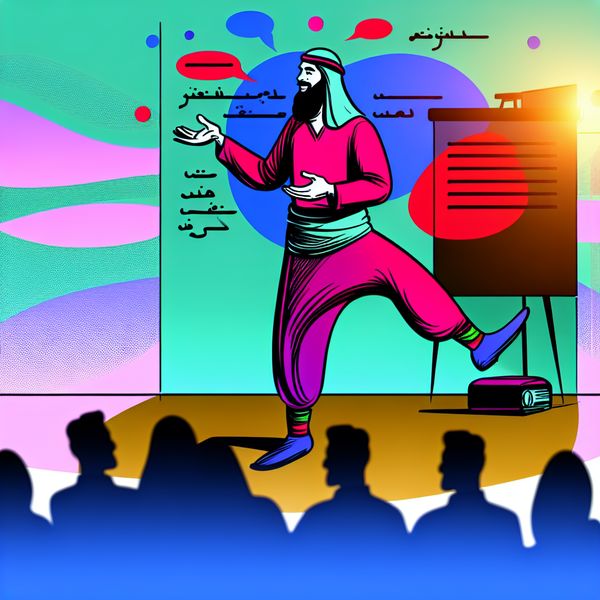 Passievol presenteren: Ideeën vormgeven met gebaren Illustratie van een persoon die gepassioneerd een idee presenteert met behulp van expressieve lichaamstaal en gebaren.