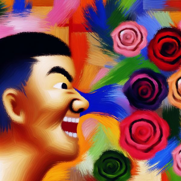 Vibrante afbeelding van het herkennen van geur Abstracte afbeelding van een persoon die blij de lucht inademt, omringd door kleurrijke bloemen en energieke kleurstrokes.