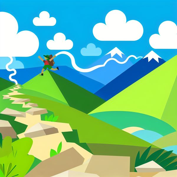 Hiker Onderweg in Minimalistische Illustratie Minimalistische illustratie van een persoon die enthousiast een bergpad op hike, met een blauwe lucht en groene heuvels.