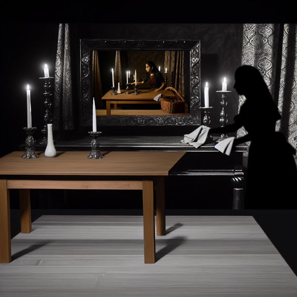 Person die houten tafel reinigt met doek in Gothic interieur Een persoon die een houten tafel afveegt met een doek in een donkere, sfeervolle kamer met gothic elementen.