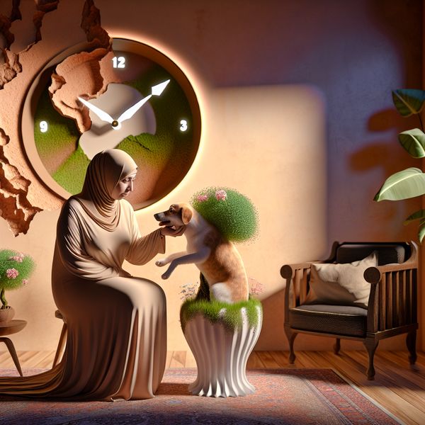 Een persoon die een huisdier omarmt in een rustige, warme binnenruimte met een surrealistische achtergrond.