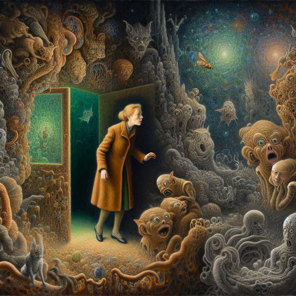 Surrealistische afbeelding van een persoon in een magische kamer Een persoon die een schemerige kamer binnenloopt, omringd door vreemde, fantasierijke wezens met uitdrukkingen van spanning en vreugde.