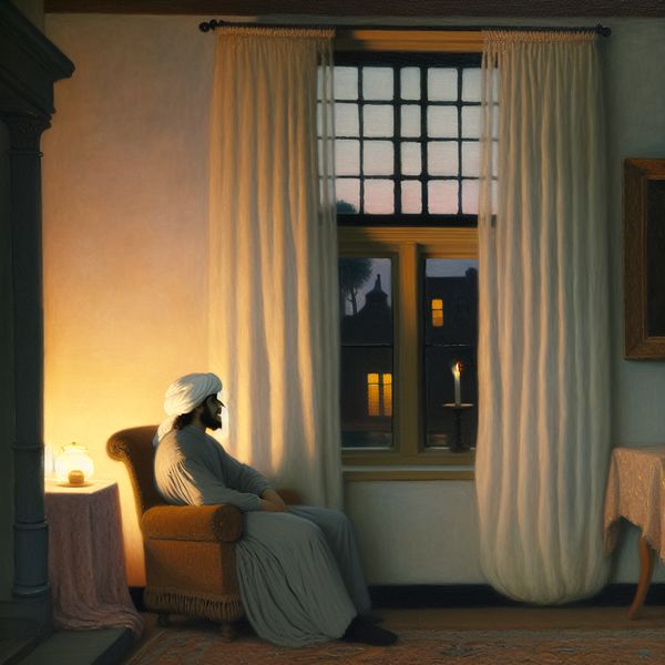 Reflexieve Momentopname in een Elegante Kamer Een persoon in gedachten verzonken zit in een stijlvol ingerichte kamer met een groot raam tijdens de schemering.
