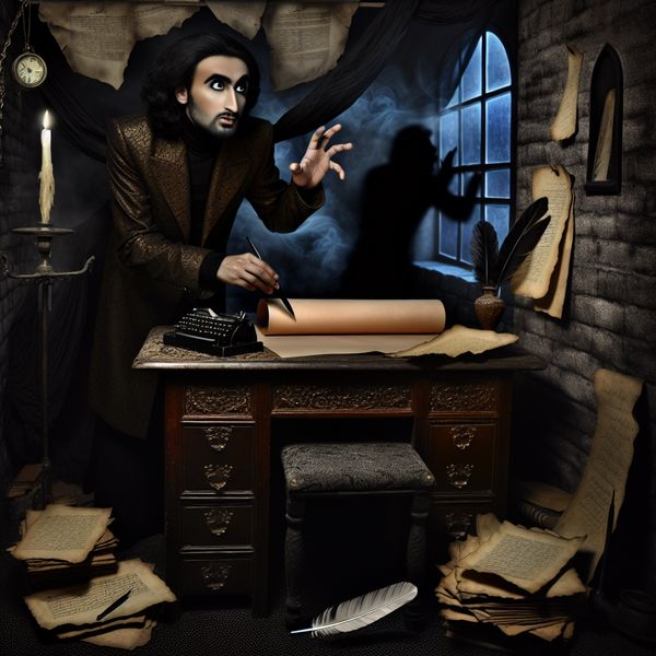 Een persoon in een schimmige, mysterieuze werkruimte, omringd door gotische elementen en een intrigerend bureau met oude documenten en een kaars.