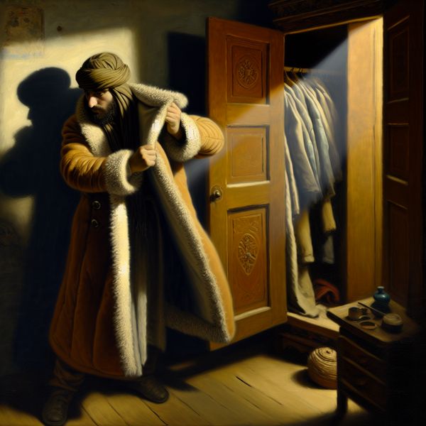 Persoon in Kamer Met Winterjas Aandoen Een persoon in een gezellige kamer die moeite heeft om een dikke winterjas aan te trekken.