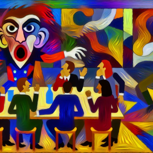 Abstracte kunst: ongepaste inmenging in discussies Een kleurrijke abstracte afbeelding van een persoon die ongepast een discussie onderbreekt tussen een groep gefrustreerde mensen.