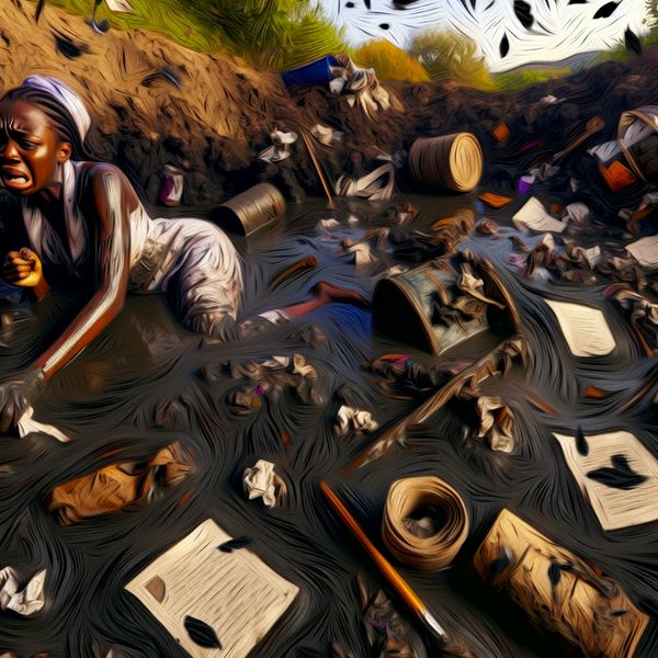 Overweldigend Persoon in Modderige Landschap Symbool van Problemen Een persoon die overweldigd en vastzit in een modderachtige omgeving, met verschillende voorwerpen zoals papieren en kapotte items om hen heen, wat de last van problemen symboliseert.