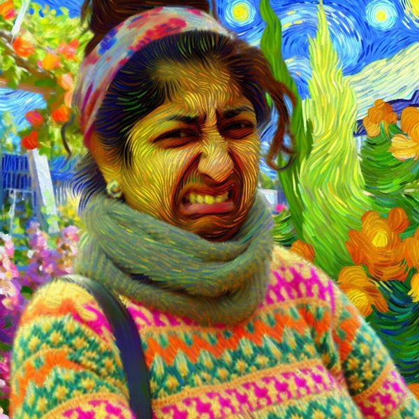 Persoon in ongewenste trui in levendige omgeving Een persoon in een onaantrekkelijke trui staat in een kleurrijke omgeving met bloeiende bloemen en stralend zonlicht, zijn/haar gezicht toont schaamte.