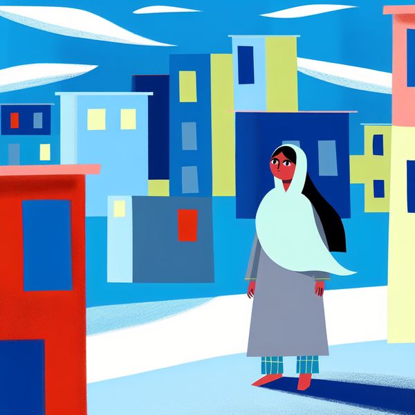 Illustratie van een persoon in een onbekende stedelijke omgeving Minimalistische illustratie van een persoon in een onbekende stedelijke omgeving, met abstracte gebouwen en een helderblauwe lucht.