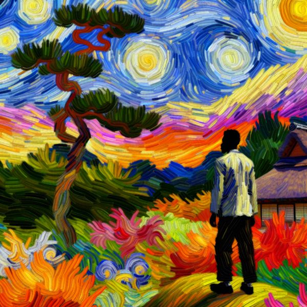 Persoon in Japanse tuin met kleurrijke bloemen en dramatische lucht Persoon op een heuvel, uitkijkend over een serene Japanse tuin met kleurrijke bloemen en een levendige lucht, geïnspireerd door Vincent van Gogh.