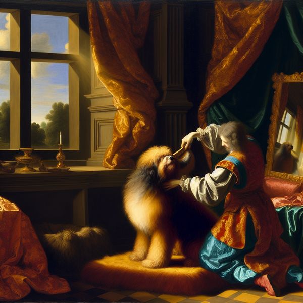 Persoon kamt hond in Barokke inrichting Een persoon kamt de vacht van een grote, donzige hond in een luxueuze ruimte.