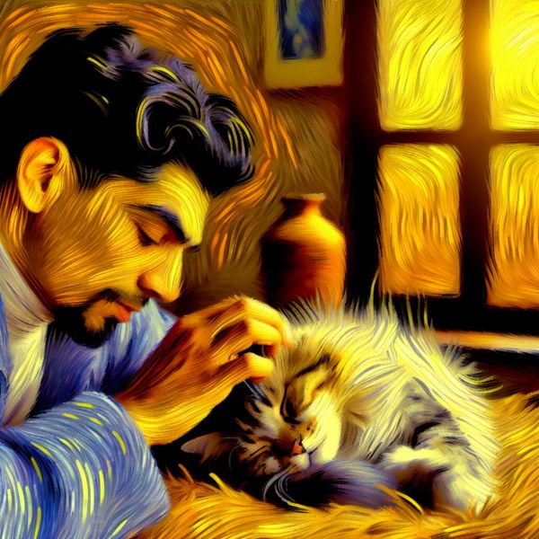 Zachtjes een kat aaien in een gezellige setting Een persoon streelt voorzichtig de zachte vacht van een kat die met gesloten ogen zit, in een gezellige binnenomgeving.