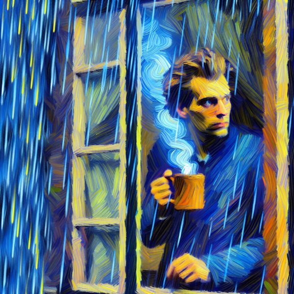 Binnenblijven vanwege regen Persoon met kopje kijkt vanuit raam naar regenbui