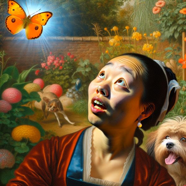 Verwondering in de Tuin: Ogen die Vol Verwondering naar de Vlinder Kijken Een persoon in een zonnige tuin kijkt verwonderd omhoog naar een kleurrijke vlinder.