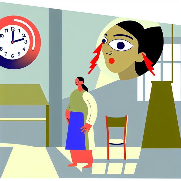 Persoon kijkt snel naar grote wandklok Minimalistische illustratie van een persoon die snel naar een grote wandklok kijkt in een lichte kamer.
