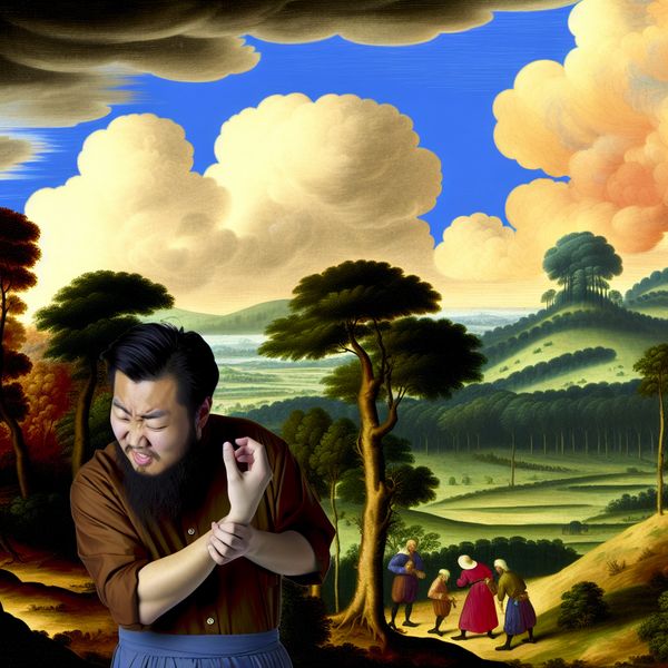 Persoon met jeuk in dramatisch landschap Een persoon krabt hun arm vanwege jeuk in een dramatisch landschap met een lucht vol wolken.