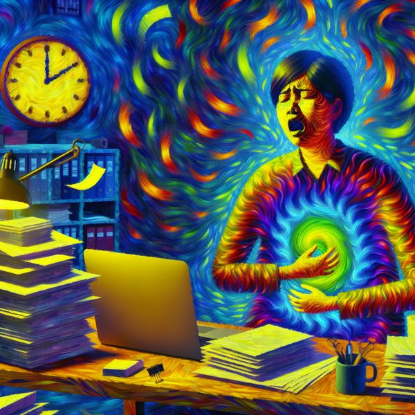 Persoon met een maag vol stress en hectische werkomgeving Een persoon zit aan een rommelig bureau, omringd door documenten en een laptop, met een gezicht van frustratie en een maag die straalt van kwelling door stress.