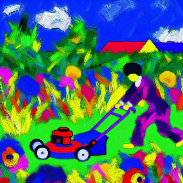 Persoon maait gras in levendige tuin Een persoon maait gras in een zonnige tuin, omgeven door kleurrijke bloemen onder een heldere blauwe lucht.
