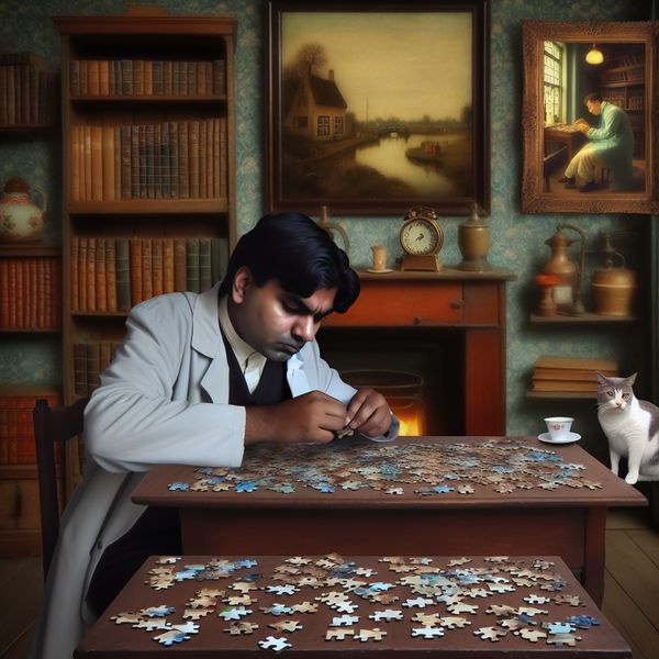 Persoon met een puzzel in een vintage kamer Een persoon worstelt met een complex puzzel in een nostalgische, vintage kamer met boekenkasten en een kat bij de open haard