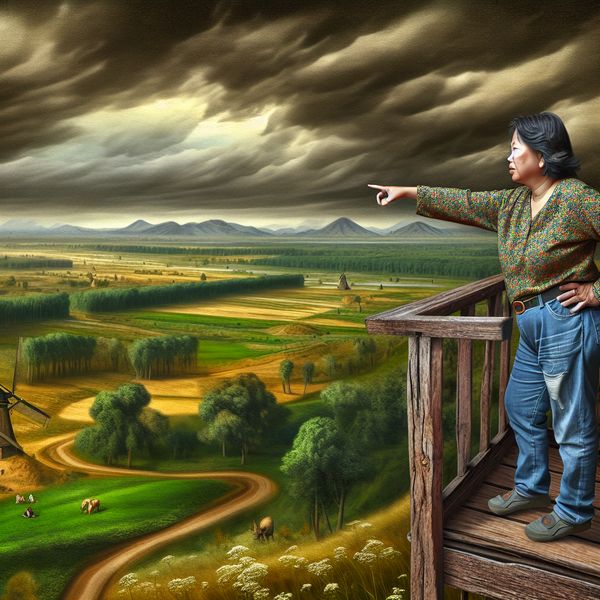 Een persoon die geconcentreerd uitkijkt vanaf een toren naar een weids landschap met glooiende heuvels en een dramatische lucht.