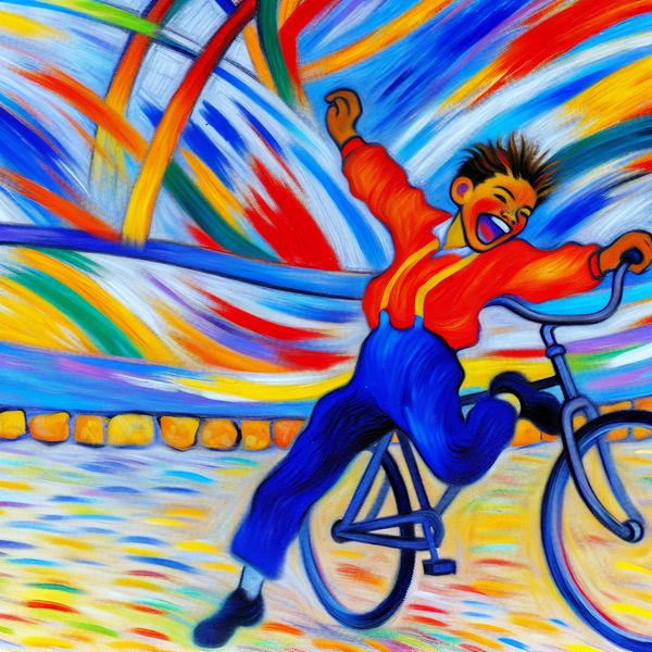 Abstracte kunst van een persoon op een fiets die omdraait Een kleurrijke en abstracte afbeelding van een persoon op een fiets die elegant omdraait. De achtergrond is gevuld met gedurfde kleuren die beweging en energie weerspiegelen.