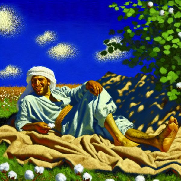 Persoon ontspannen in zonnige zomerscène op katoenen deken Een persoon ligt ontspannen op een zacht katoenen deken in een groene tuin onder een heldere blauwe lucht.