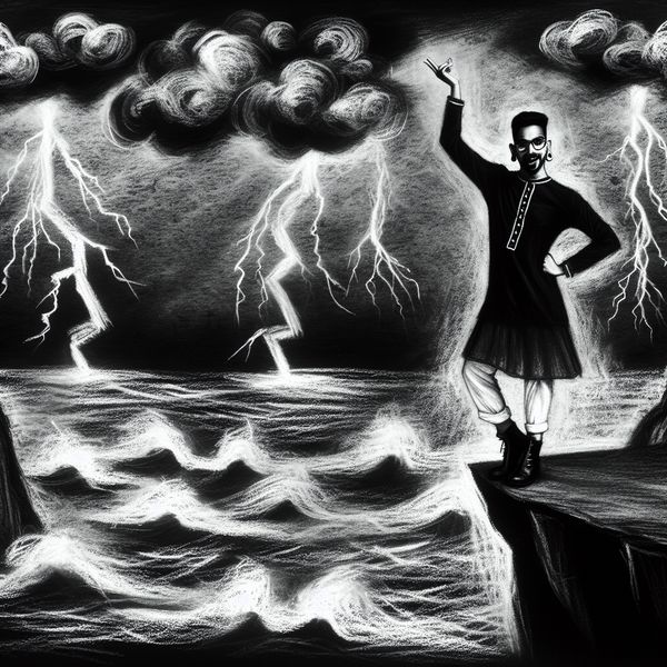 Een persoon staat vol vertrouwen op de rand van een klif, terwijl een woeste storm zich ontvouwt. Donkere wolken en bliksem verlichten de lucht, met golven die krachtig tegen de rotsen slaan.