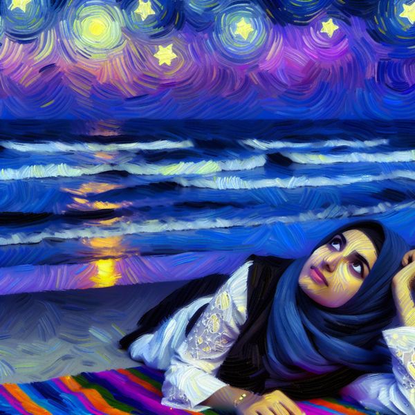 Stilte en Verwondering op het Strand bij Sterrenhemel Een persoon ligt op een strandhanddoek en kijkt naar een sterrenhemel tijdens de schemering.